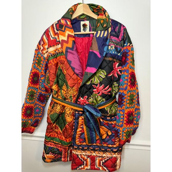 Farm Rio Patchwork Tapestry Crochet Puffer Coat Jacket Small NWOT MSRP $395 - Picture 6 of 10